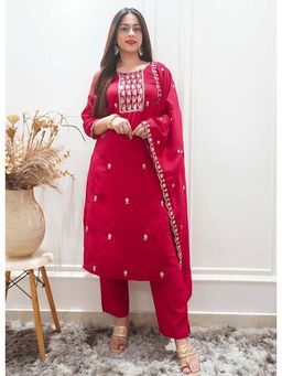 VredeVogel - Women Pink Silk Blend Embroidered Kurta with Pant and Dupatta