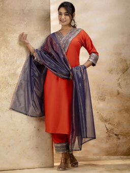 VredeVogel - Women Peach Viscose Rayon Embroidered Kurta with Pant and Dupatta