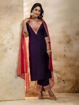 VredeVogel - Women Purple Viscose Rayon Embroidered Kurta with Pant and Dupatta