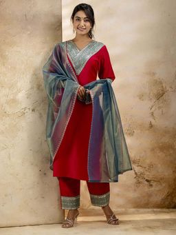 VredeVogel - Women Red Viscose Rayon Embroidered Kurta with Pant and Dupatta