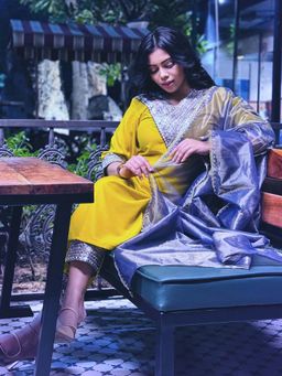 VredeVogel - Women Yellow Viscose Rayon Embroidered Kurta with Pant and Dupatta
