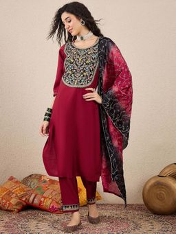 VredeVogel - Women Maroon Viscose Rayon Embroidered Kurta with Pant and Dupatta