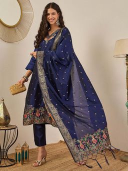 VredeVogel - Women Blue Cotton Silk Embroidered Kurta with Pant and Dupatta