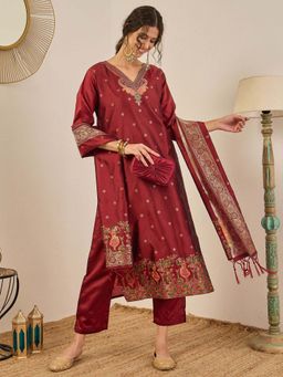 VredeVogel - Women Maroon Cotton Silk Embroidered Kurta with Pant and Dupatta
