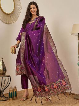 VredeVogel - Women Purple Cotton Silk Embroidered Kurta with Pant and Dupatta