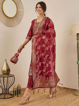 VredeVogel - Women Maroon Cotton Silk Woven Kurta with Pant and Dupatta