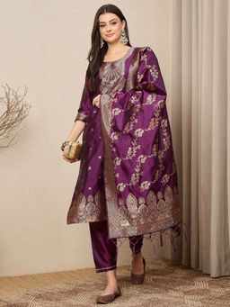 VredeVogel - Women Purple Cotton Silk Woven Kurta with Pant and Dupatta