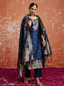 VredeVogel - Women Blue Cotton Silk Woven Kurta with Pant and Dupatta
