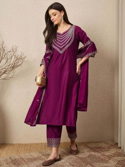 VredeVogel - Women Purple Viscose Rayon Embroidered Kurta with Pant and Dupatta