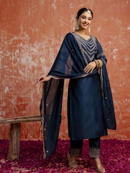 VredeVogel - Women Blue Viscose Rayon Embroidered Kurta with Pant and Dupatta