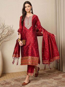 VredeVogel - Women Maroon Cotton Silk Embroidered Kurta with Pant and Dupatta