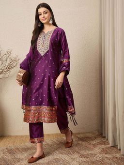VredeVogel - Women Purple Cotton Silk Embroidered Kurta with Pant and Dupatta