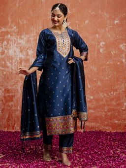 VredeVogel - Women Blue Cotton Silk Embroidered Kurta with Pant and Dupatta