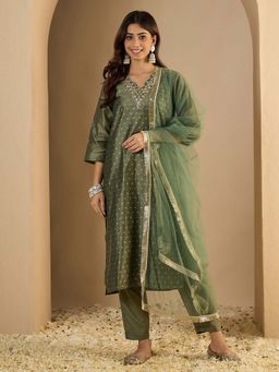 VredeVogel - Women Green Chanderi Embroidered Kurta with Pant and Dupatta