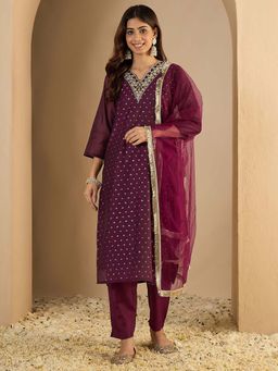VredeVogel - Women Purple Chanderi Embroidered Kurta with Pant and Dupatta