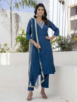 VredeVogel - Women Blue Chanderi Embroidered Kurta with Pant and Dupatta