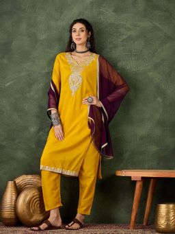 VredeVogel - Women Yellow Silk Blend Embroidered Kurta with Pant and Dupatta
