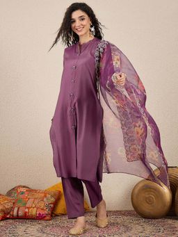 VredeVogel - Women Purple Silk Blend Embroidered Kurta with Pant and Dupatta