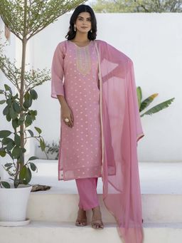 VredeVogel - Women Pink Chanderi Embroidered Kurta with Pant and Dupatta