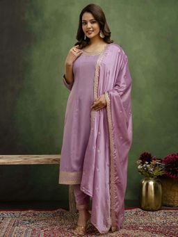 VredeVogel - Women Purple Viscose Rayon Embroidered Kurta with Pant and Dupatta