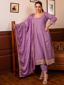 VredeVogel - Women Purple Silk Blend Embroidered Kurta with Pant and Dupatta