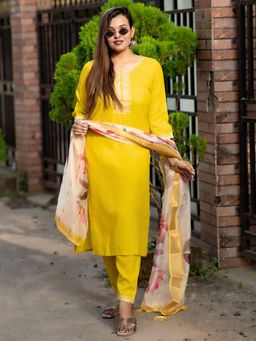 VredeVogel - Women Yellow Cotton Blend Embroidered Kurta with Pant and Dupatta
