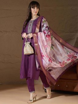 VredeVogel - Women Purple Cotton Blend Embroidered Kurta with Pant and Dupatta