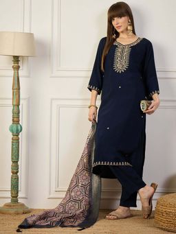 VredeVogel - Women Blue Silk Blend Embroidered Kurta with Pant and Dupatta