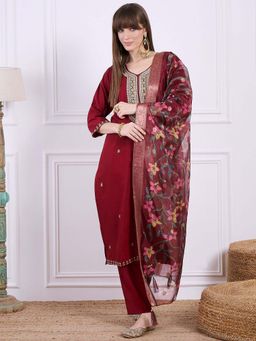 VredeVogel - Women Maroon Silk Blend Embroidered Kurta with Pant and Dupatta
