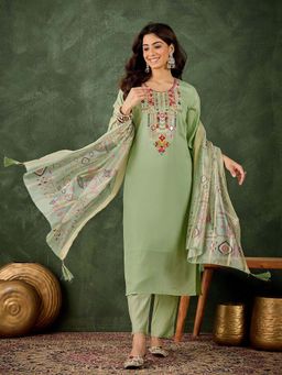 VredeVogel - Silk Blend Green Women Kurta with Pant and Dupatta