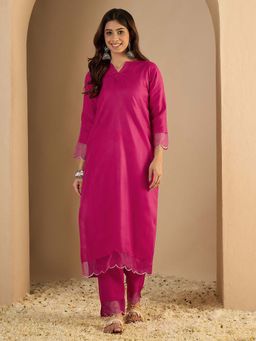 VredeVogel - Women Pink Cotton Embroidered Kurta with Pant