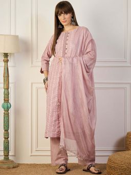VredeVogel - Women Pink Cotton Embroidered Kurta with Pant and Dupatta