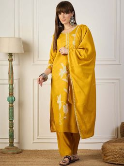 VredeVogel - Women Yellow Silk Blend Embroidered Kurta with Pant and Dupatta