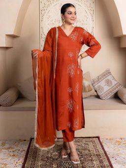 VredeVogel - Women Rust Viscose Rayon Embroidered Kurta with Pant and Dupatta