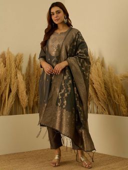 VredeVogel - Women Grey Cotton Woven Kurta with Pant and Dupatta