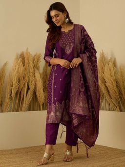 VredeVogel - Women Purple Cotton Woven Kurta with Pant and Dupatta