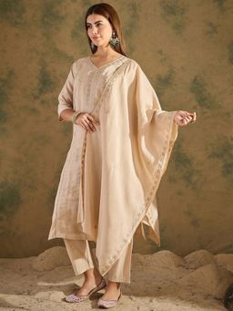 VredeVogel - Women Beige Silk Blend Embroidered Kurta with Pant and Dupatta