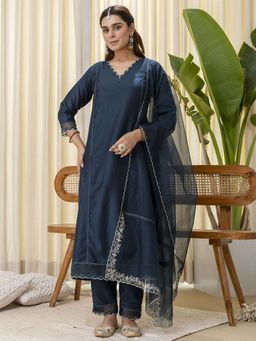 VredeVogel - Women Teal Silk Blend Embroidered Kurta with Pant and Dupatta
