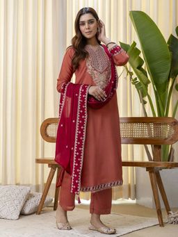 VredeVogel - Women Peach Silk Blend Embroidered Kurta with Pant and Dupatta