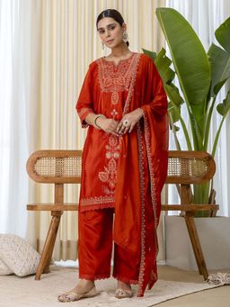 VredeVogel - Women Rust Silk Blend Embroidered Kurta with Pant and Dupatta