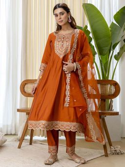 VredeVogel - Women Rust Silk Blend Embroidered Kurta with Pant and Dupatta