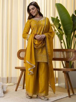 VredeVogel - Women Mustard Silk Blend Embroidered Kurta with Palazzo and Dupatta