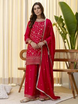 VredeVogel - Women Pink Silk Blend Embroidered Kurta with Palazzo and Dupatta