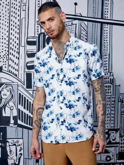 Campus Sutra - Mens Blue & White Botanical Strokes Shirt