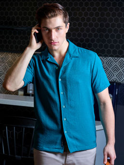 Campus Sutra - Mens Teal Green Creased Shirt