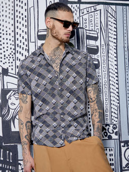 Campus Sutra - Mens Black & White Herringbone Plaid Block Shirt