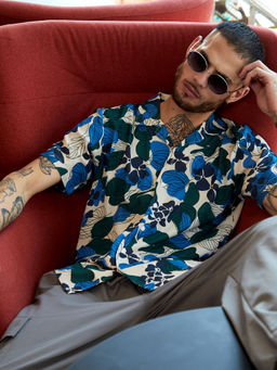 Campus Sutra - Mens Azure Blue & Forest Green Floral Shirt