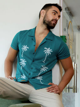 Campus Sutra - Mens Teal Blue Palm Tree Knit Shirt