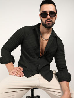 Campus Sutra - Mens Midnight Black Embossed Graph Check Shirt