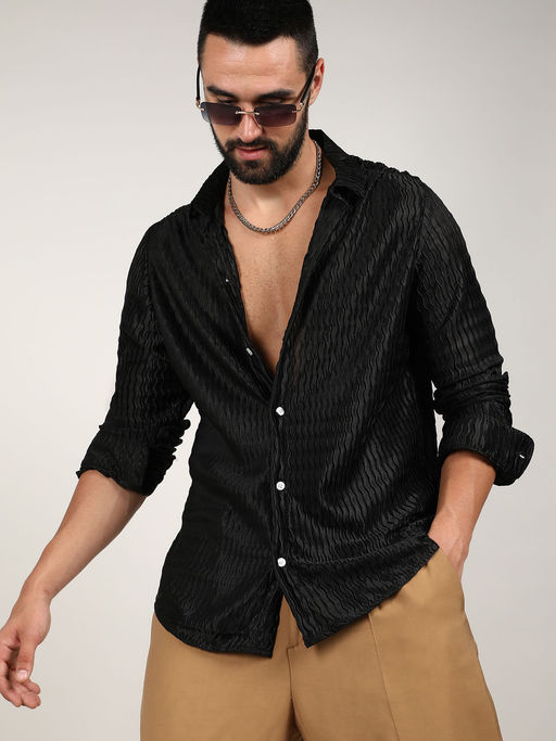 CAHOOT Mens Onyx Black Curly-Creased Shirt